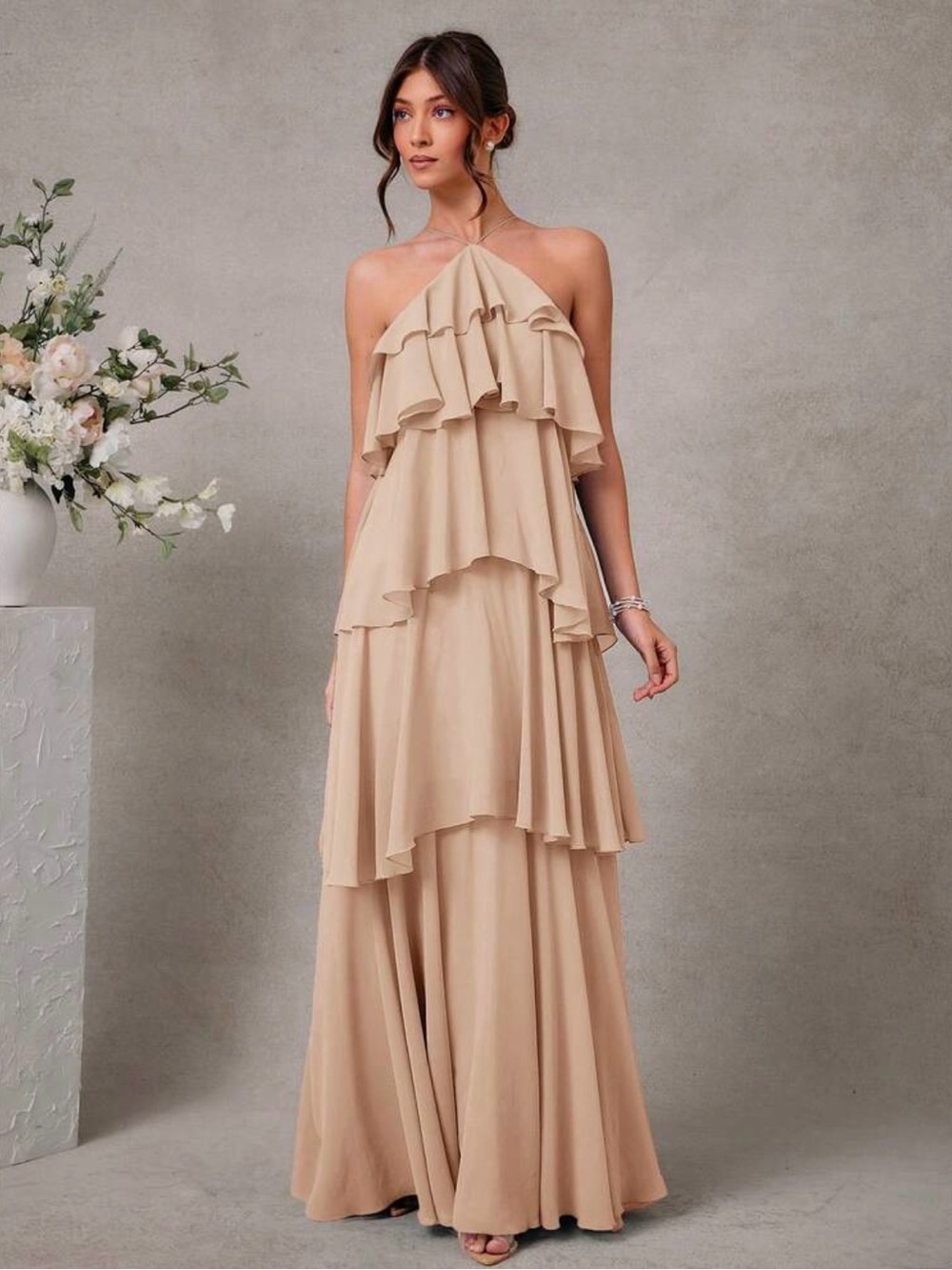 Elegant Tiered Halter Maxi Dress - Tan